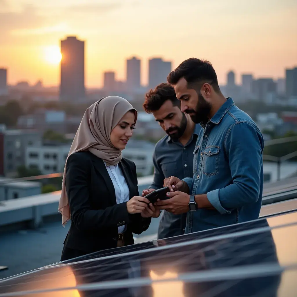 Engineers analyzing data on digital screens in a high-tech control room dedicated to energy management.