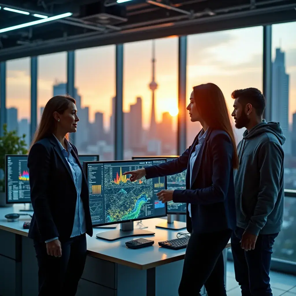 Aerial view of a modern Canadian city showcasing smart grid infrastructure with solar panels.
