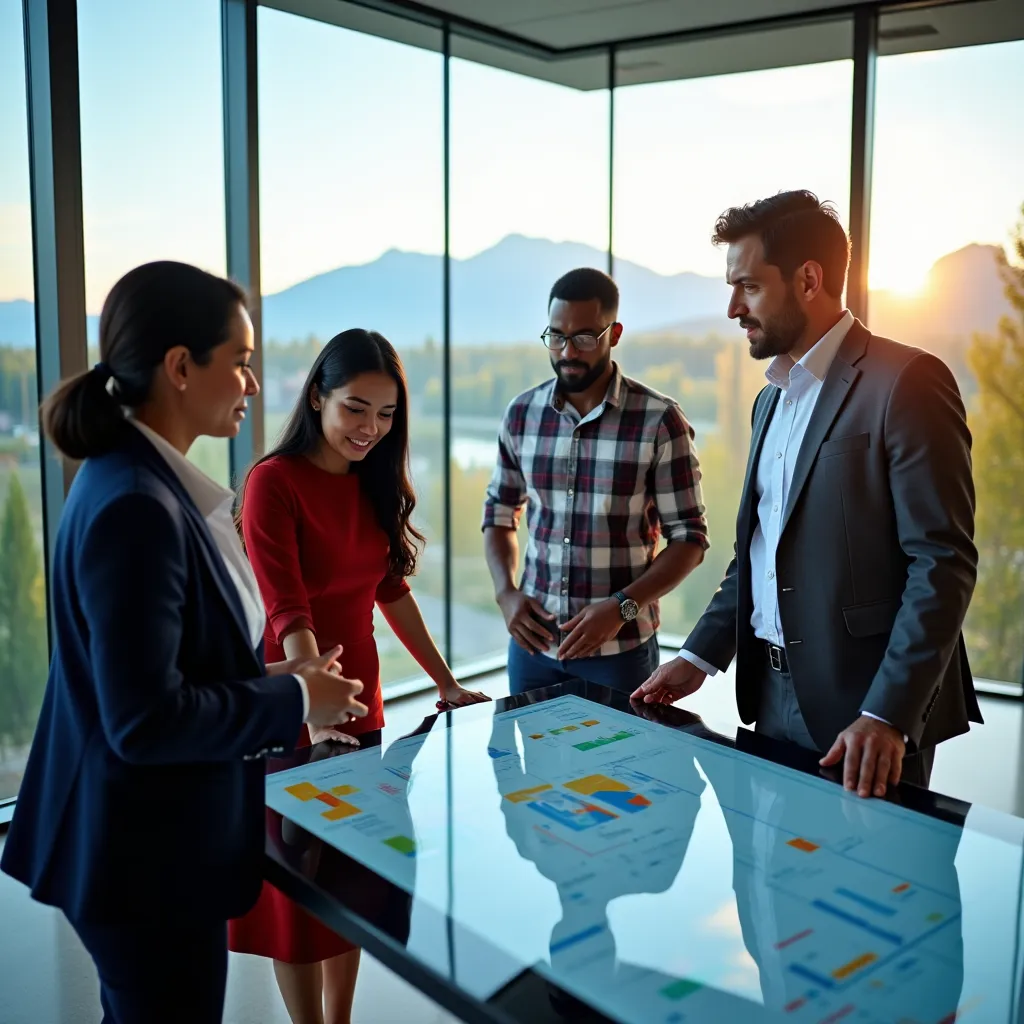 A diverse team of professionals discussing energy analytics in a conference room.